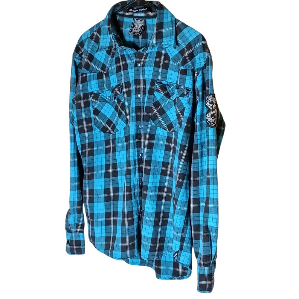 South Pole Mens XXL Blue Black Plaid Shirt Front Snap Long Sleeve Graphic Button - Picture 4 of 11